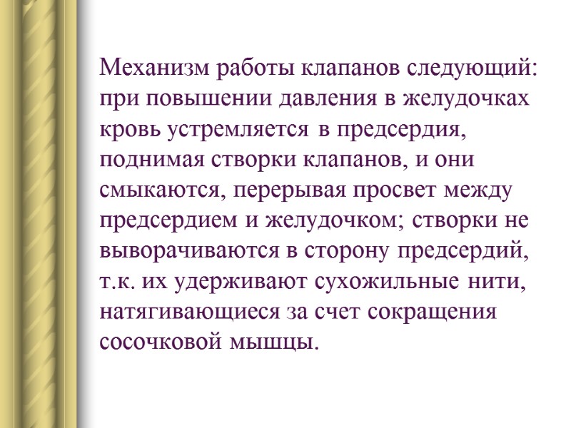 Механизм работы клапанов следующий: при повышении давления в желудочках кровь устремляется в предсердия, поднимая